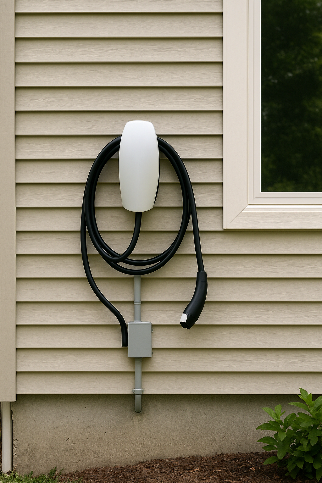 alt="48 amp Level 2 EV charger installed on the side of a residential home"