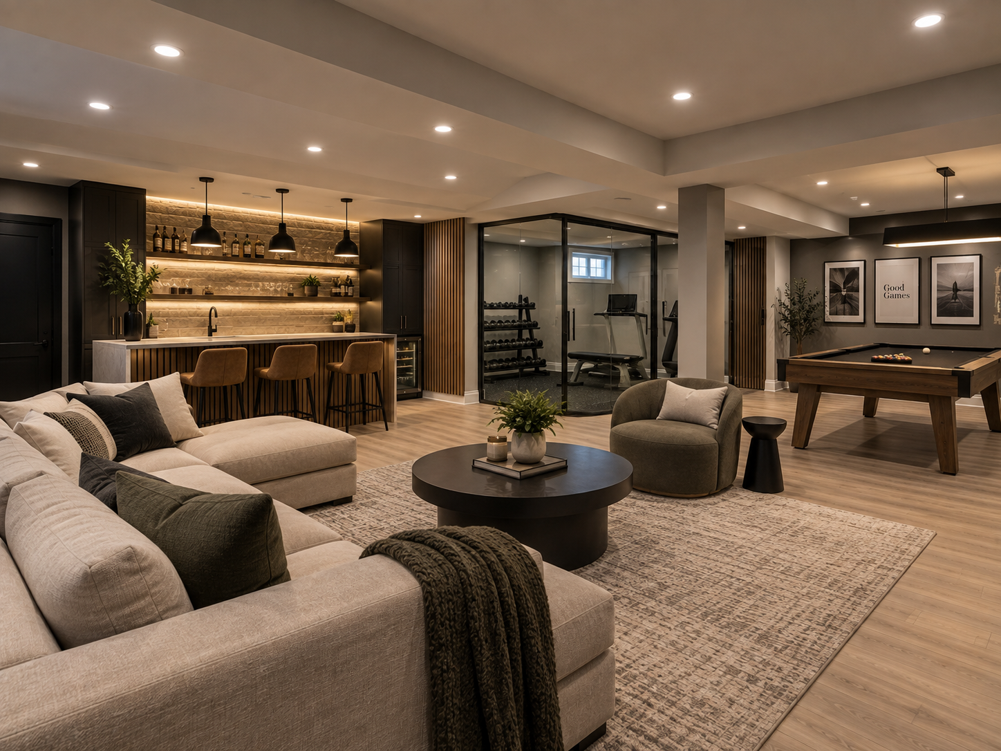 Finished basement entertainment room design inspiration with pool table, wet bar, lounge and home gym
