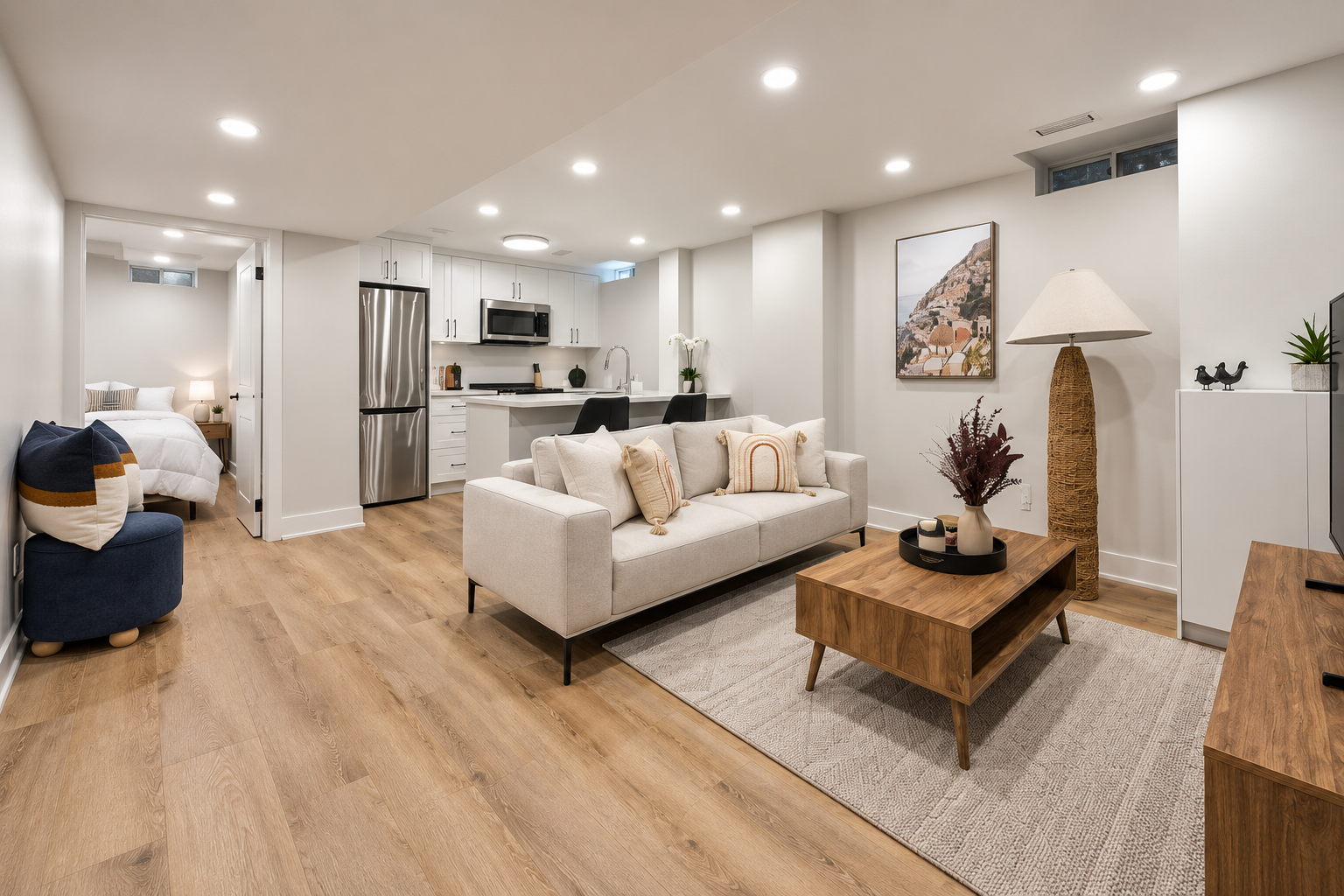 Finished basement with recessed lighting and modern living space