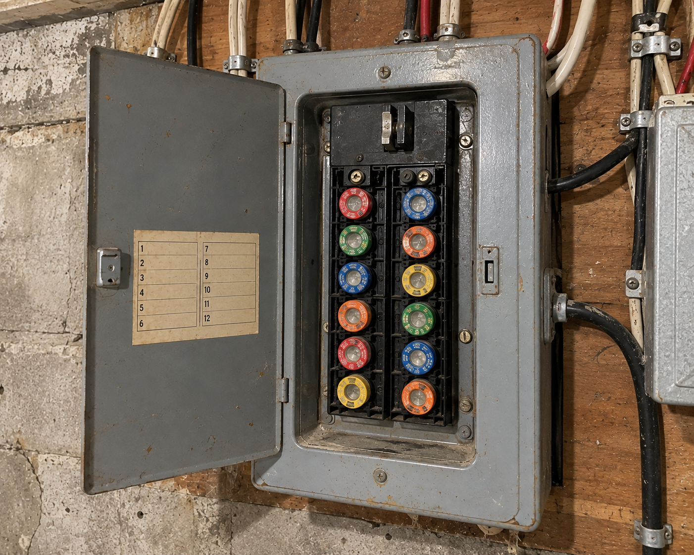 Older fuse panel in a Mississauga home