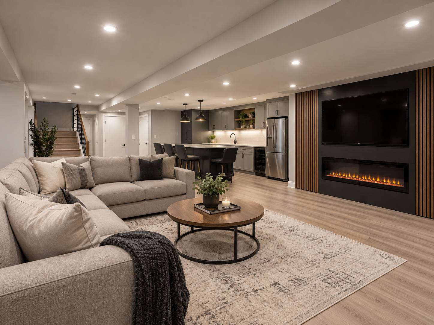 Finished basement design inspiration with recessed LED pot lights, sectional sofa, kitchenette and fireplace
