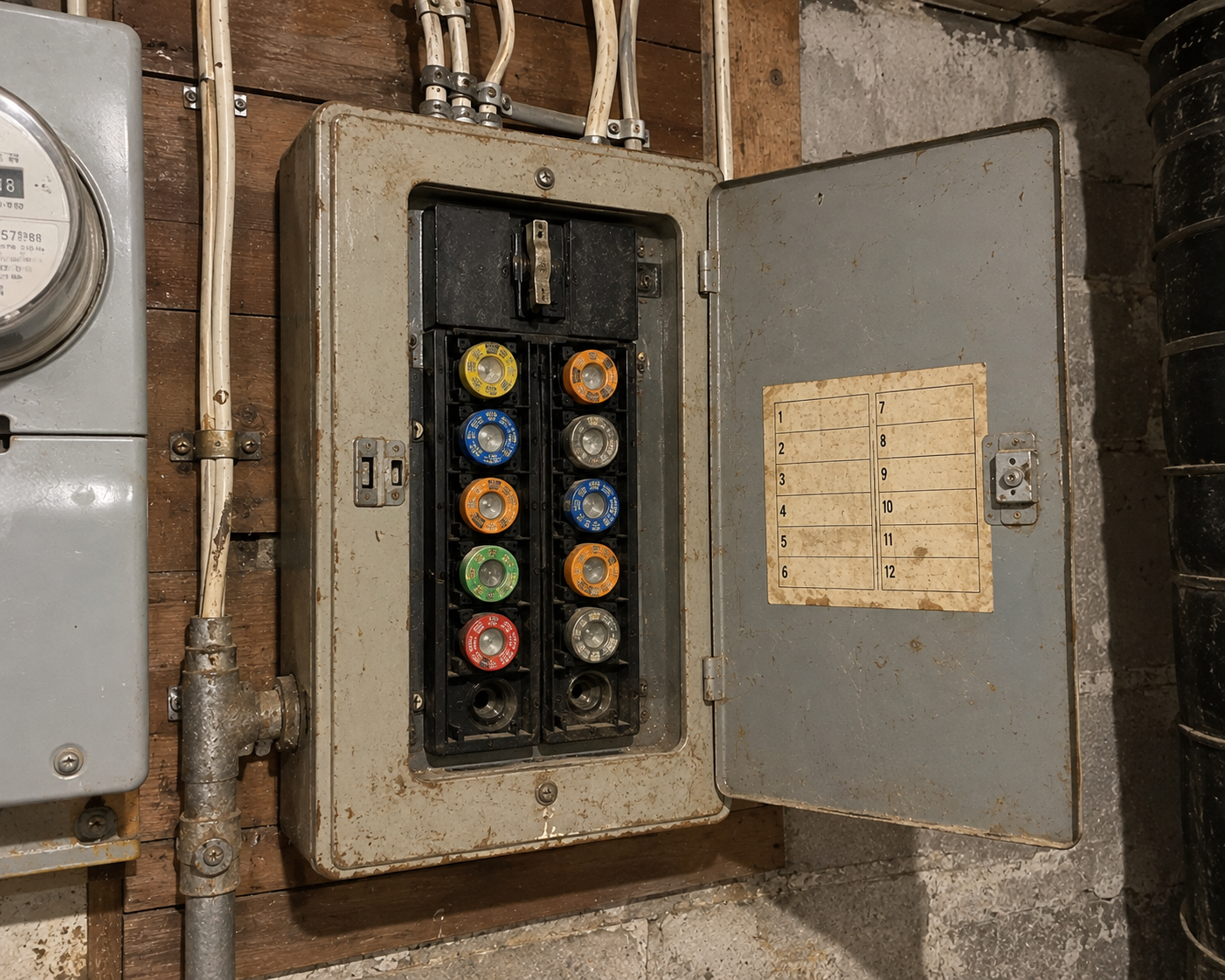 Close-up of older electrical fuse panel equipment